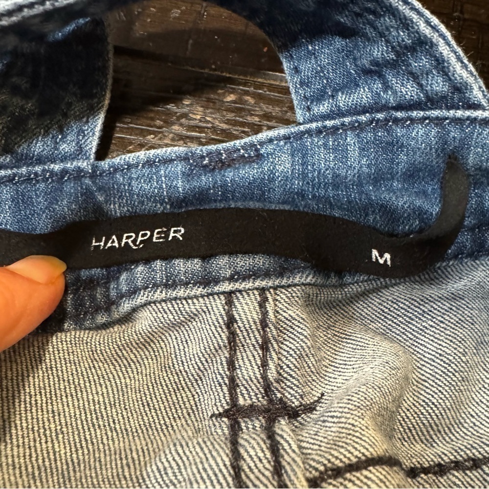 Harper blue jean denim distressed overalls, button up, pockets, straight leg, M. - Picture 10 of 14